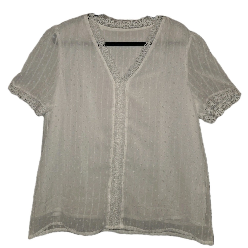 UNBRANDED Swiss Dot Lace Trim Plunge Blouse Ivory Women's Large Short Sleeve Top
